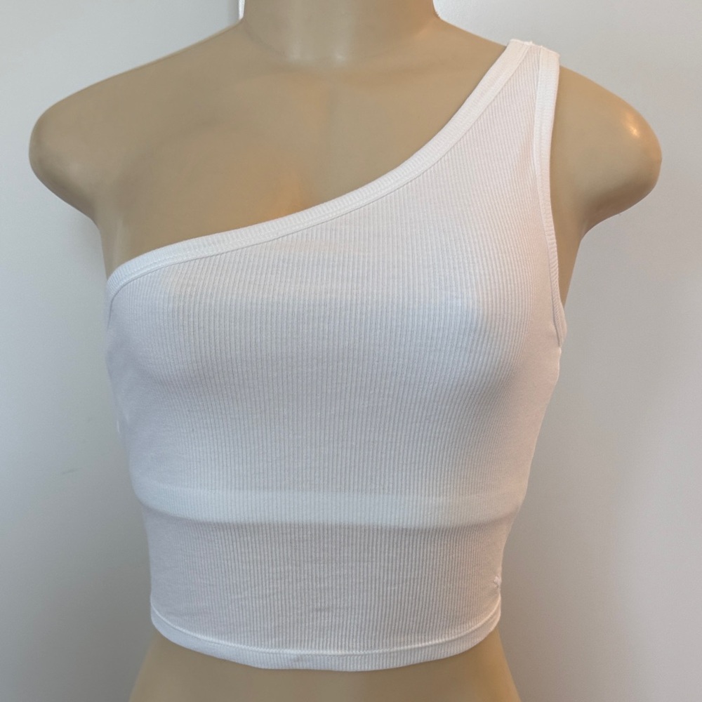 PINK Victoria's Secret White Ribbed One-Shoulder Tank Top